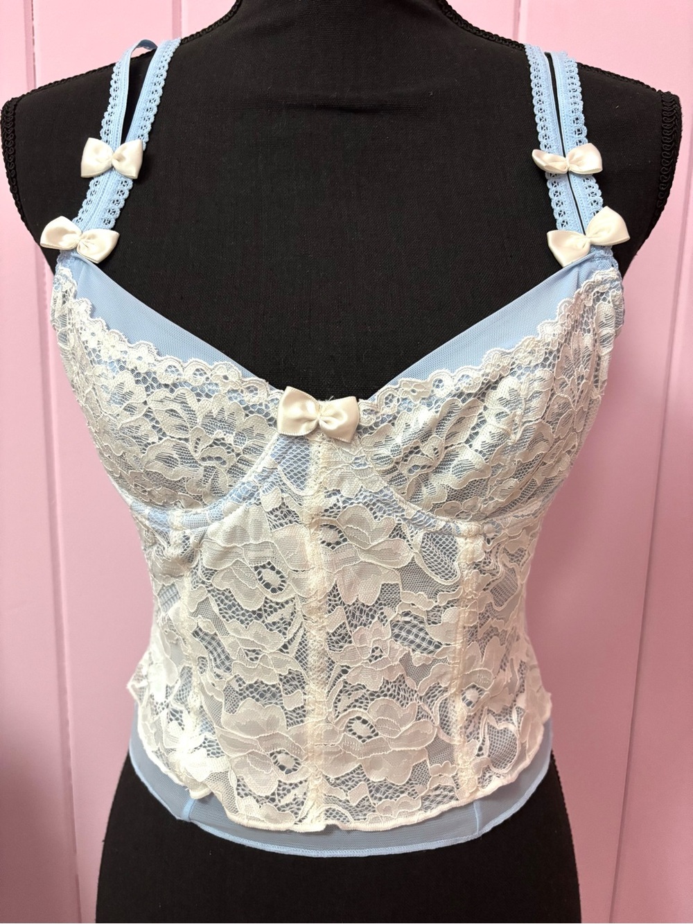 Pastel Blue & White Coquette Floral Lace Sheer Bow Corset Bustier Top - Medium